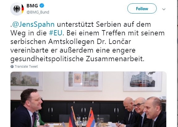 Немачки министар здравља: Подршка Србији на путу ка ЕУ